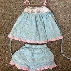Smocked Seersucker Two-Piece Dress Set in Light Blue & Pink